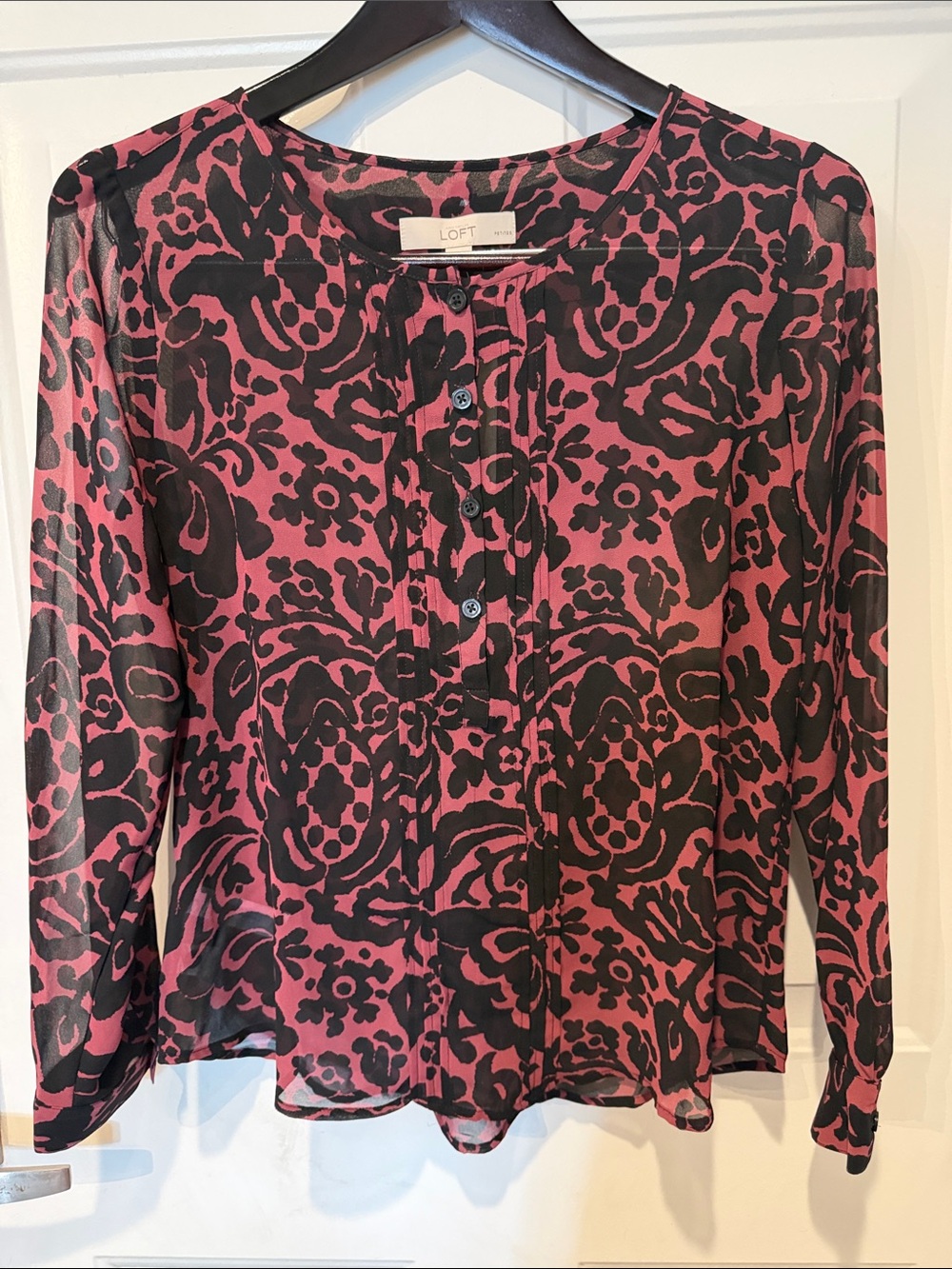 LOFT Pink and Black Floral-Print Long Sleeve Blouse